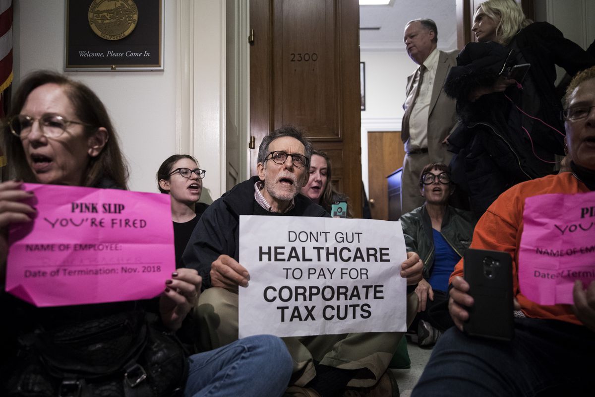 Tax Bill Protestors Hold Sit Ins At GOP Republican Offices On Capitol Hill