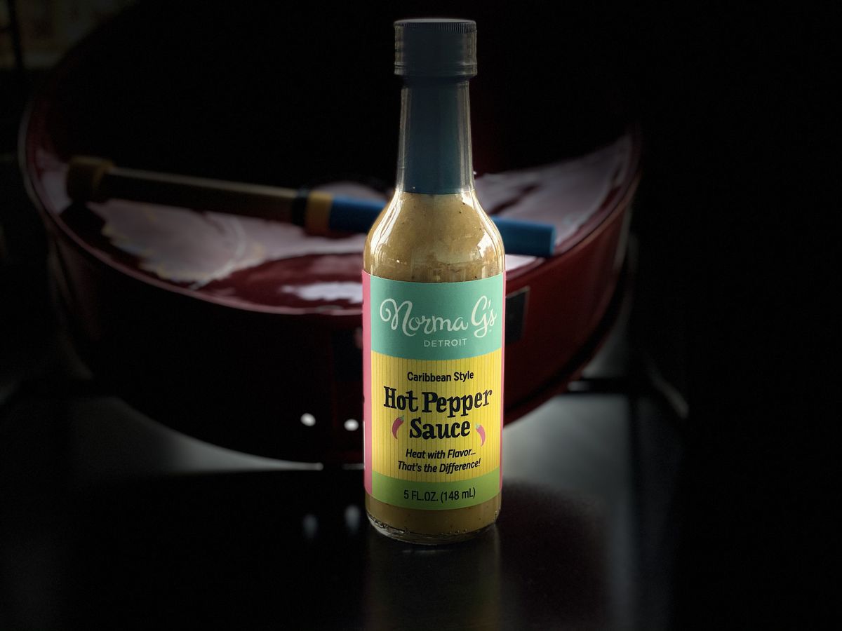 A bottle of Caribbean style hot pepper sauce from Norma G’s. 