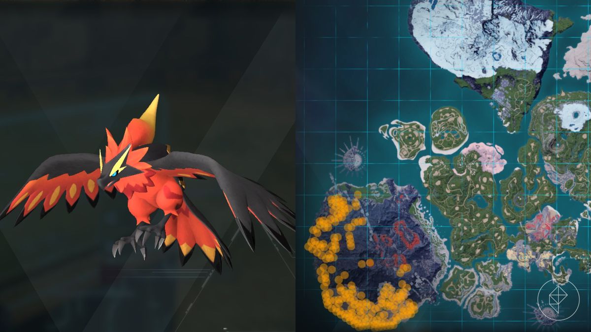 Ragnahawk location marked on the map of Palworld with orange dots.