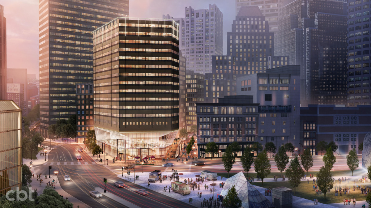 Rendering of a glassy, bright office building as it meets the street.
