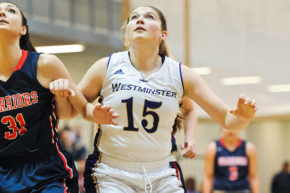 Lancee Whetman (right) posts up under the basket. Whetman and the No. 4 Westminster women's basketball team play two Frontier Conference road games this weekend.