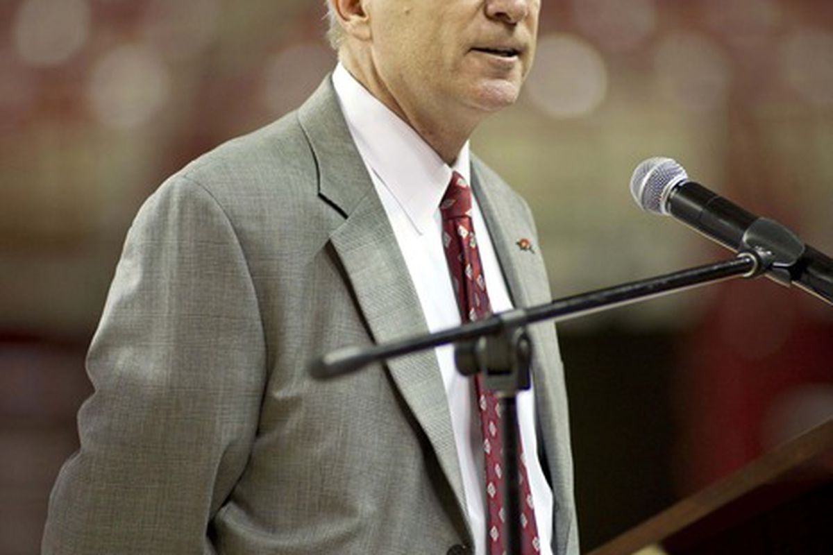 April 10, 2012, AR, USA; Arkansas Razorback athletic director Jeff Long speaks during a press conference at Bud Walton Arena to announce the firing of head football coach Bobby Petrino.  Mandatory Credit: Beth Hall-US PRESSWIRE
