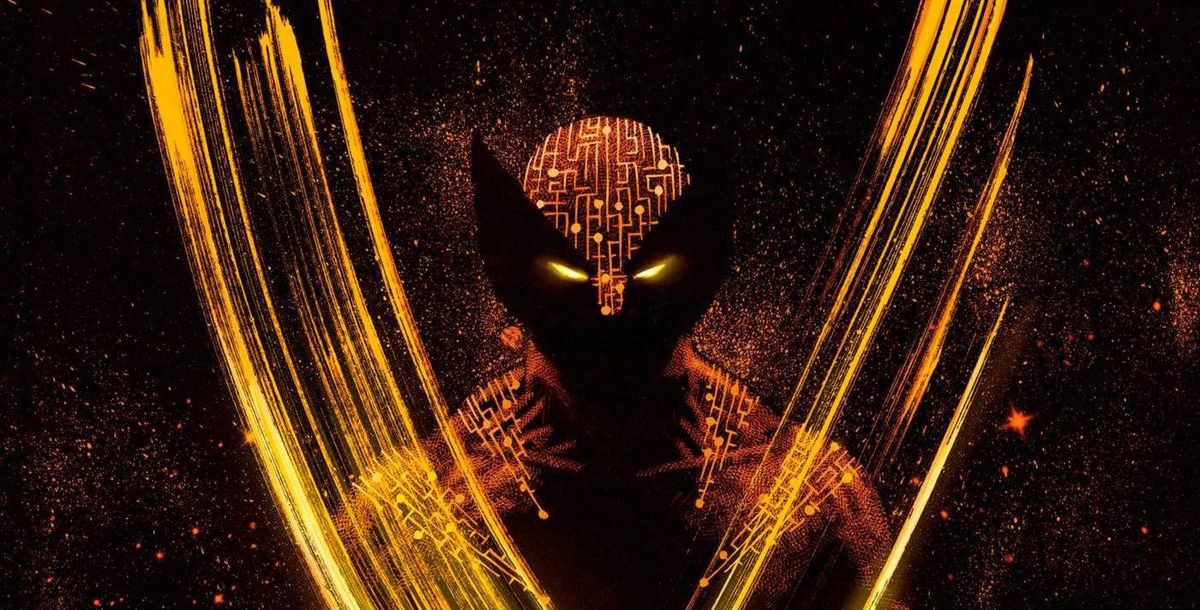 Wolverine brilla en la oscuridad, su disfraz cubierto de formas de placas de circuito de computadora, en la portada de X Deaths of Wolverine # 1 (2022). 
