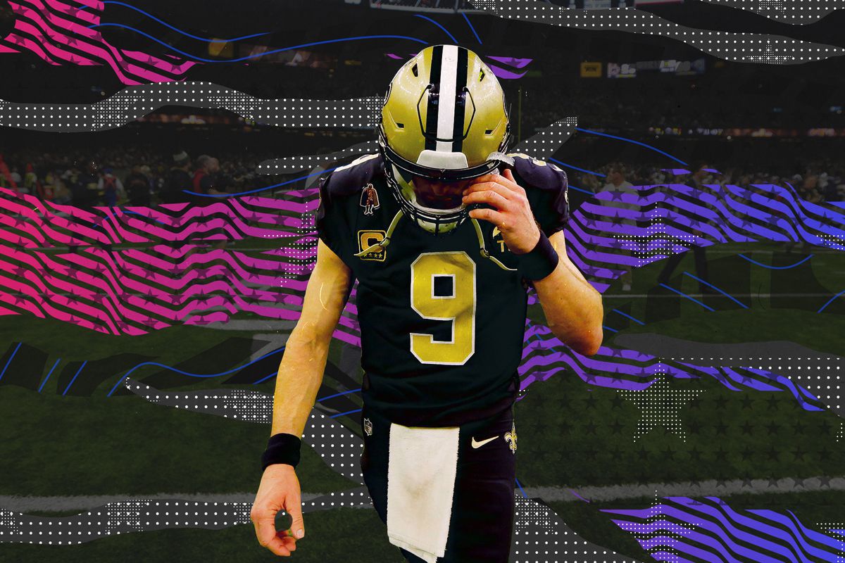 Saints QB Drew Brees hangs his head and touches the facemask of his helmet with his right hand, superimposed on a black background with white dots and pink and purple squiggly lines