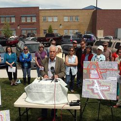 Roger Borgenicht of Utahns for Better Transportation speaks as a coalition of groups meets in Syracuse to formally announce opposition to the proposed West Davis highway on Tuesday, May 7, 2013.