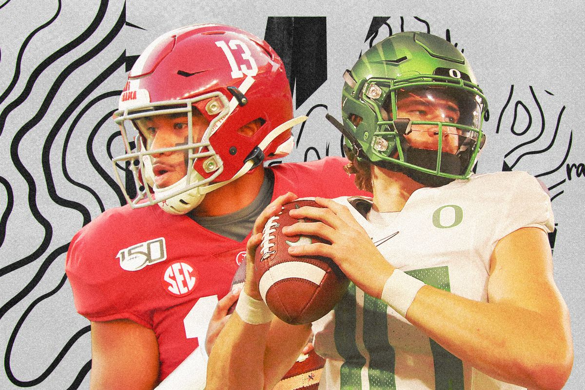 An art collage of NFL Draft QBs Tua Tagovailoa and Justin Herbert, superimposed on a white background with black squiggly lines