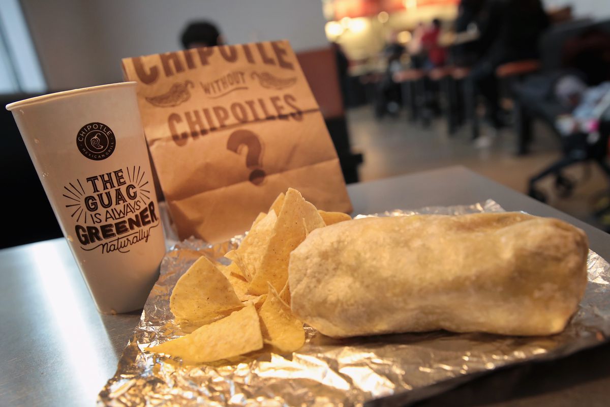 A photo of an unwrapped Chipotle burrito sitting on foil with chips beside a Chipotle drink cup and paper bag 