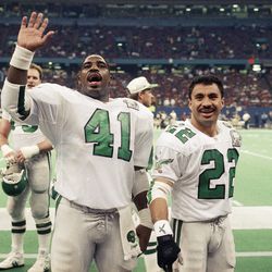 Philadelphia Eagles tight end Keith Byars (41) and return man Vai Sikahema (22) begin the celebration during the winning moments of the fourth quarter, Sunday, Jan. 3, 1993 in New Orleans in the NFC wild card game. The Eagles came from behind to defeat the Saints 36-20.