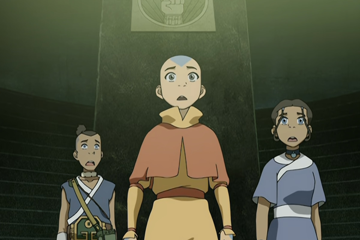 A still from the Avatar: The Last Airbender animated tv series where Aang, Katara, and Sokka all look on Toph with disbelief with their mouths agape.  