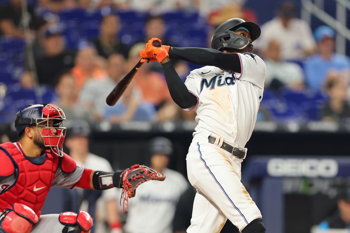 Jazz Chisholm Jr. #2 of the Miami Marlins hits a solo home run during the fifth inning against the Washington Nationals at loanDepot park