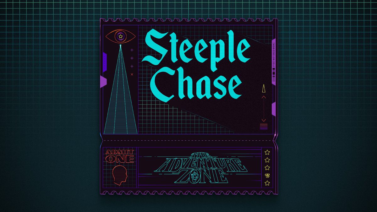 A line drawing of an amusement park ticket in purple. The top left of the ticket has an eye with a star-shaped pupil and blue lasers leading to the bottom. The top right says “Steeple Chase” in blue. The background is a blue window pane pattern. The bottom of the ticket is a tear-off stub. The left says, “Admit One” in red with a line drawing of a human profile. The center says, “The Adventure Zone,” in blue with a D20 in the center of the O. There are four yellow stars with a yellow curly B.