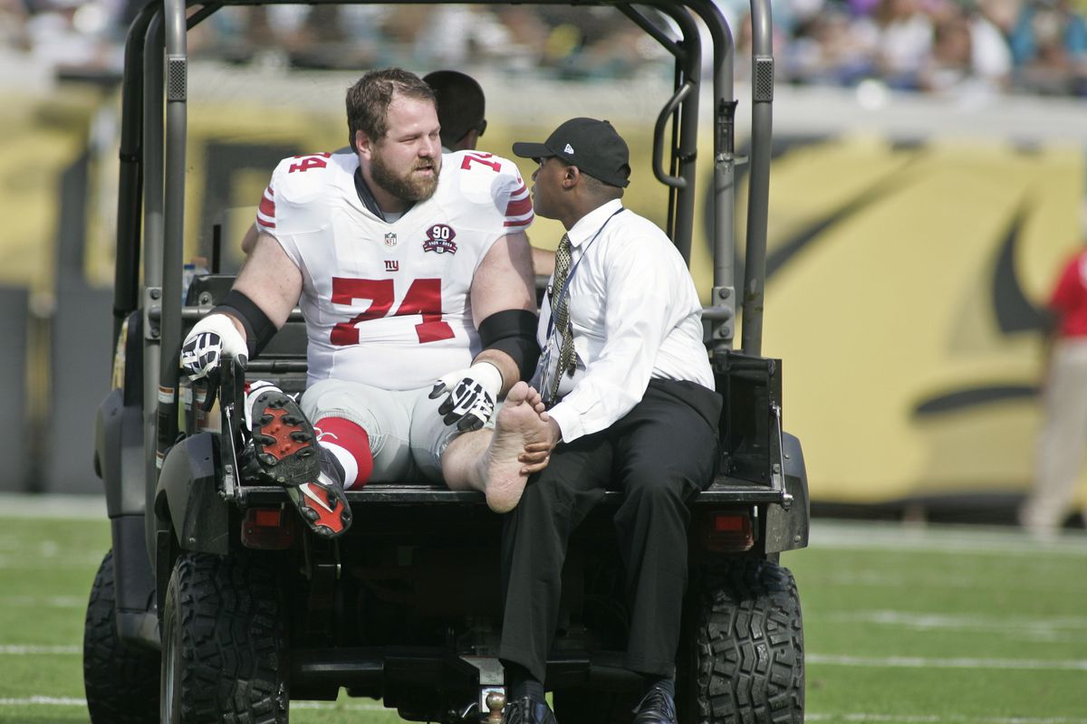 Injuries, like the broken ankle suffered by Geoff Schwartz last year, have become too common for the Giants.
