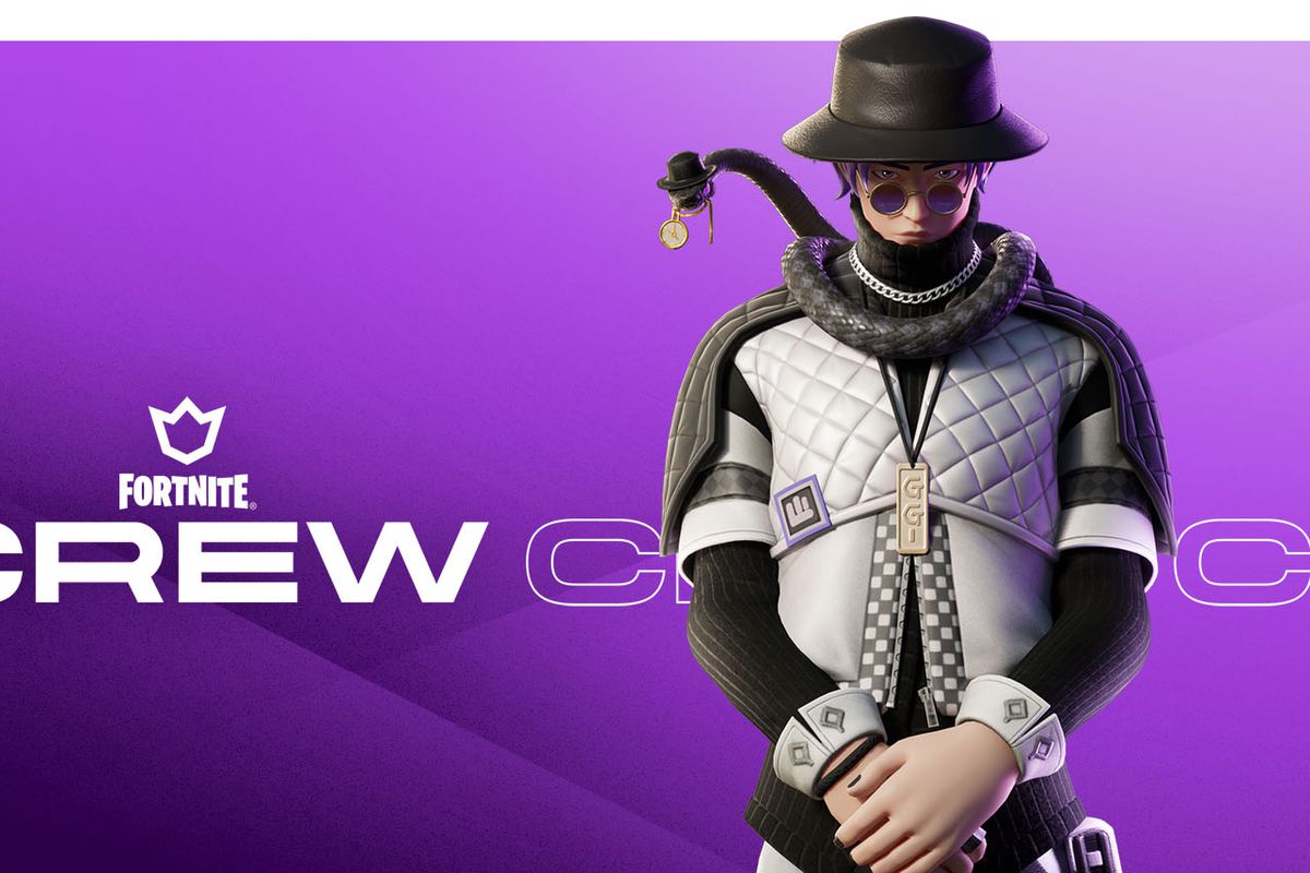Silas Hesk stands in front of a purple background in key art for the January 2024 Fortnite Crew.