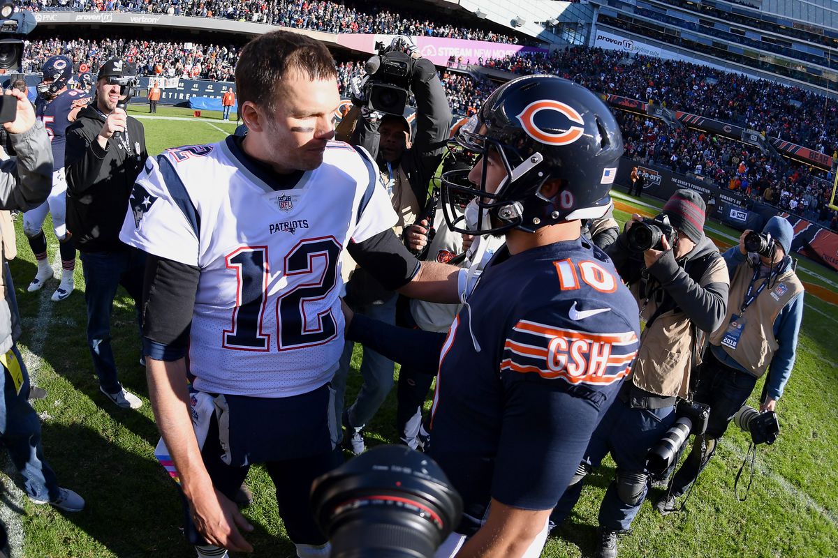 Chicago Bears quarterback Mitchell Trubisky and New England Patriots quarterback Tom Brady shake hands after the game between the Chicago Bears and the New England Patriots on October 21, 2018 at Soldier Field in Chicago, Illinois.