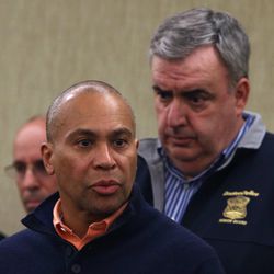 Massachusetts Gov Deval Patrick speaks about the explosions during a press conference as Boston Boston Police Commissioner Edward Davis, right, looks on, Monday, April 15, 2013, in Boston. Two explosions disrupted the Boston Marathon on Monday, causing at least two deaths and dozens of injuries and scattering crowds near the finish line, authorities said. 