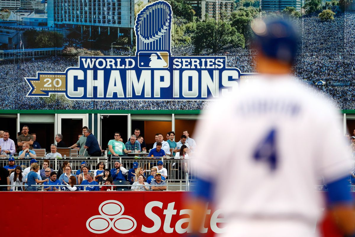 A billboard commemorating the Kansas City Royals 2015 World series win is seen in left field during the game between the Detroit Tigers and the Kansas City Royals at Kauffman Stadium on April 19, 2016 in Kansas City, Missouri.