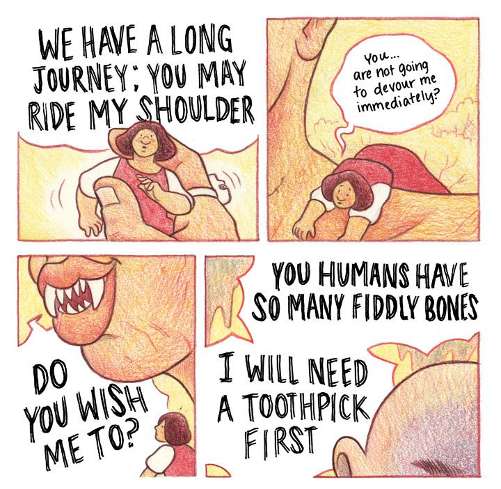 Four panels from Mel Gillman’s “Sweetrock,” with a Black woman being picked up by a fanged giantess and placed on her shoulder, then asking if the giantess plans to eat her right away. The giantess responds that she’ll need a toothpick first: “You humans have so many fiddly bones.”