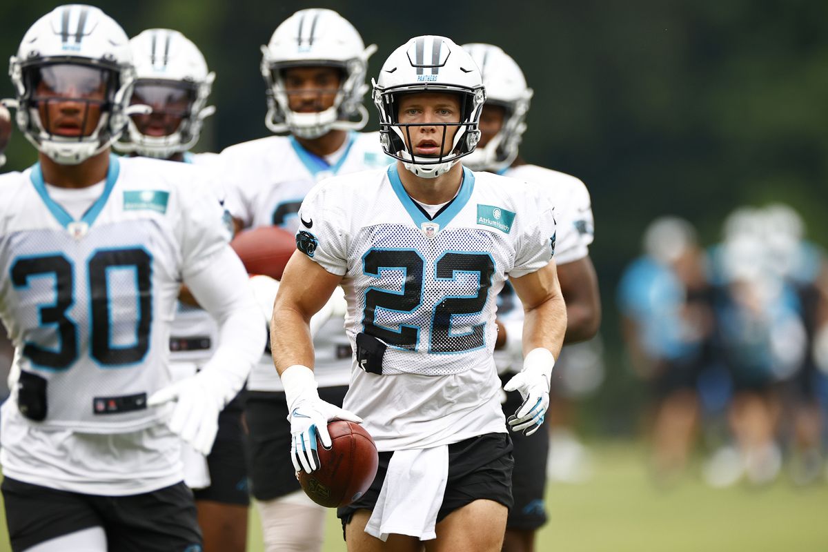 Christian McCaffrey #22 of the Carolina Panthers looks on during Panthers Training Camp at Wofford College on July 30, 2021 in Spartanburg, South Carolina.