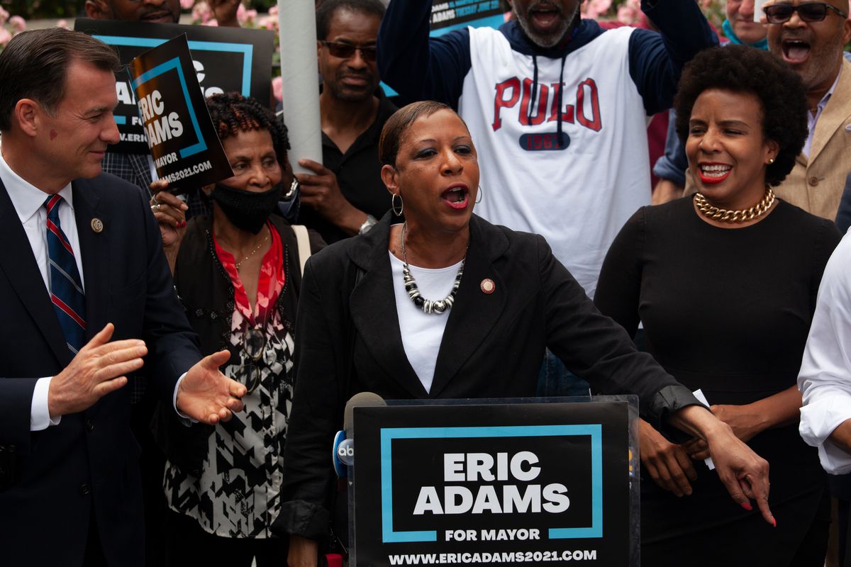 Queens City Councilmember Adrienne Adams speaks in support of Eric Adams at a campaign rally near Brooklyn Borough hall on Wednesday, June 2, 2021.