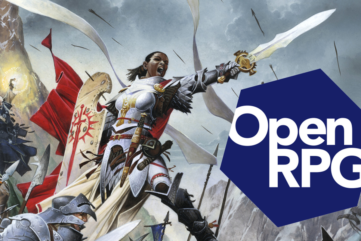 A Black woman stands amidst the tumult of a medieval battle, arrows flying overhead. Her sword is raised over a shield that reads “Open RPG.”