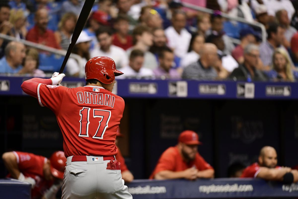 Shohei Ohtani #17 of the Los Angeles Angels warms up in the third inning against the Tampa Bay Rays on July 31, 2018 at Tropicana Field in St Petersburg, Florida.