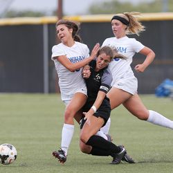 Lone Peak and Bingham girls compete in soccer action at Lone Peak on Tuesday, Aug. 22, 2017. Lone Peak won 2-1.