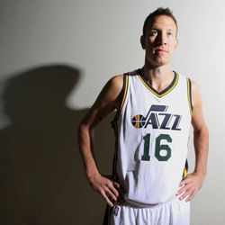Steve Novak poses for a photo as the Utah Jazz hold their media day Monday, Sept. 29, 2014, in Salt Lake City at the Zions Bank Basketball Center.