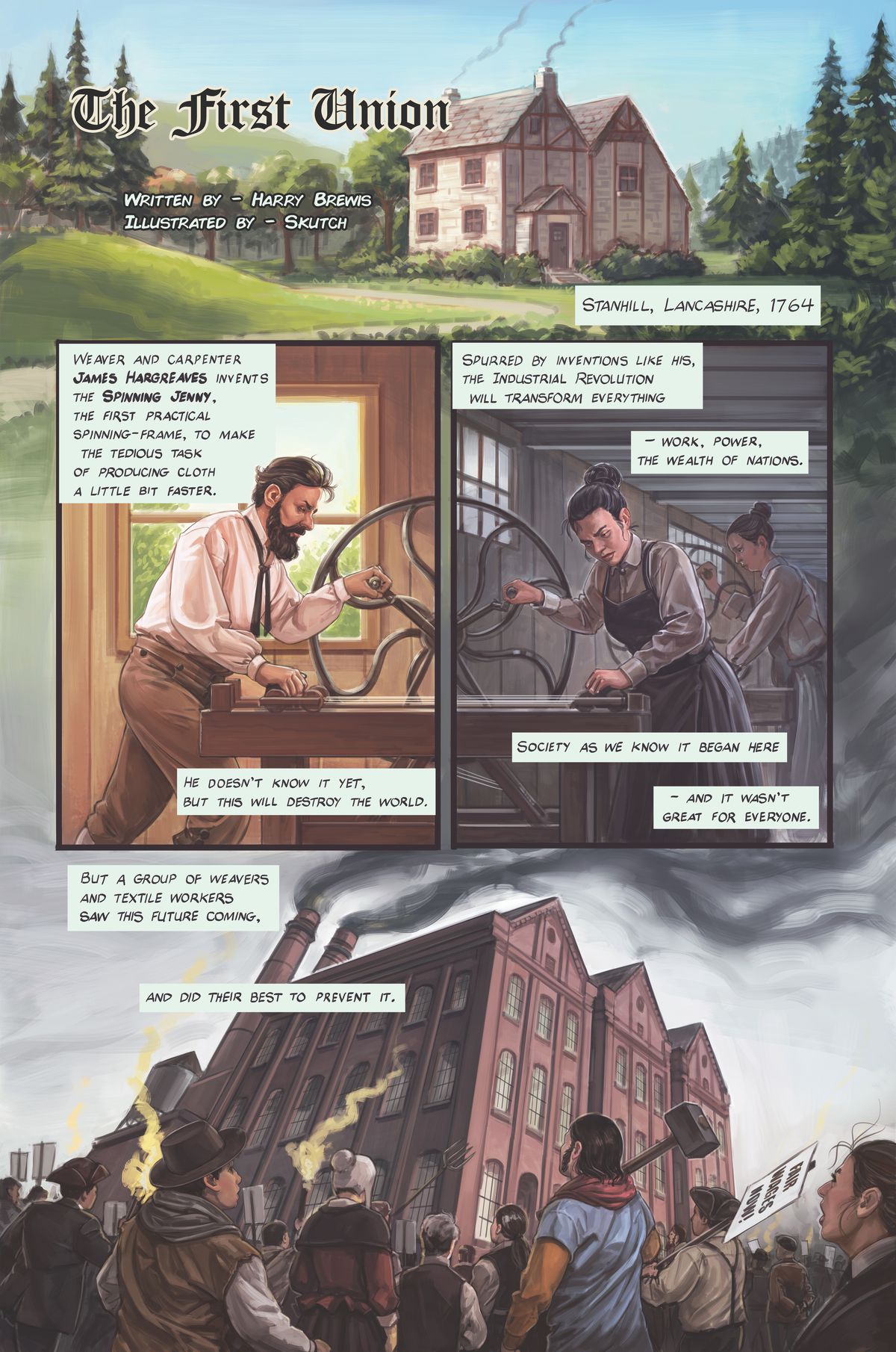An introduction to a comic about early proto-labor unions and their struggles against early industrialization.