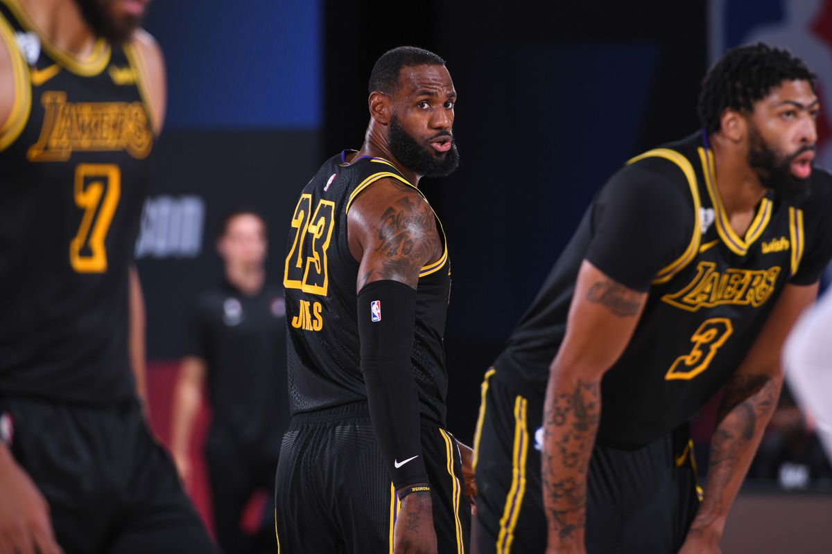 LeBron James of the Los Angeles Lakers looks on during a game against the Portland Trail Blazers during Round One Game Four of the NBA Playoffs on August 24, 2020 at The AdventHealth Arena at ESPN Wide World Of Sports Complex in Orlando, Florida.&nbsp;