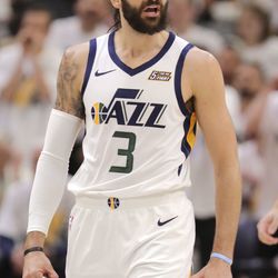 Utah Jazz guard Ricky Rubio (3) reacts as the Houston Rockets call a time out and the Jazz are ahead during the first quarter of Game 4 of the NBA Playoffs at the Vivint Smart Home Arena in Salt Lake City on Monday, April 22, 2019.