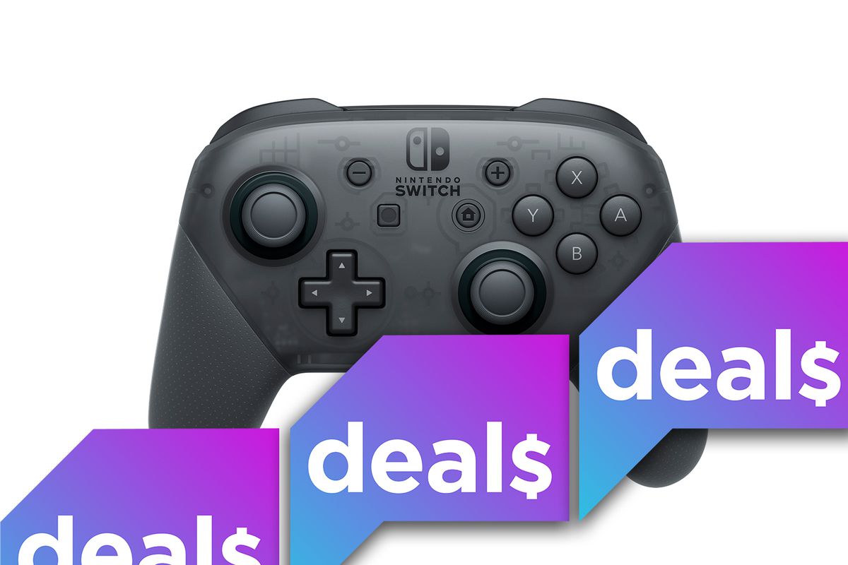 a product shot of the Nintendo Switch Pro Controller overlaid with the Polygon Deals logo