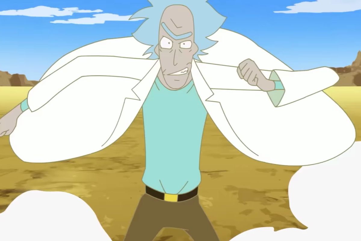 Anime style Rick runs across the desert in Rick and Morty The Anime