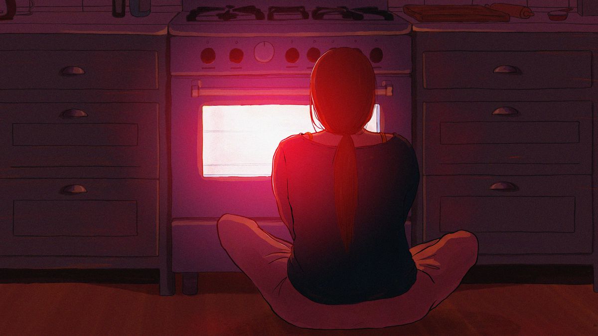 A woman stares into an oven as if watching bread baking.