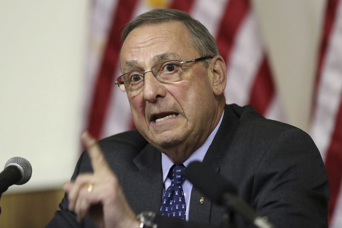 FILE - In this Wednesday, March 8, 2017, file photo, Maine Gov. Paul LePage speaks at a town hall meeting, in Yarmouth, Maine. LePage says taking down statues of Confederate figures is “just like” removing a monument to people who died in the terrorist at