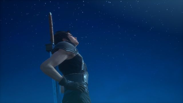 Zack Fair, the protagonist of Crisis Core: Final Fantasy 7 Reunion, gazes up into the night sky with arms akimbo