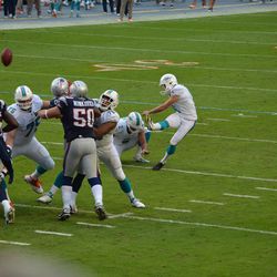 Dec. 15, 2013 Miami Gardens, FL - Miami Dolphins rookie kicker Caleb Sturgis (9) kicks an extra point in the fourth quarter against the New England Patriots.
