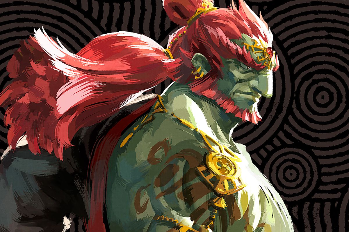 Close-up on a green-skinned, red-haired, and impressively handsome Ganondorf in artwork for Zelda: Tears of the Kingdom