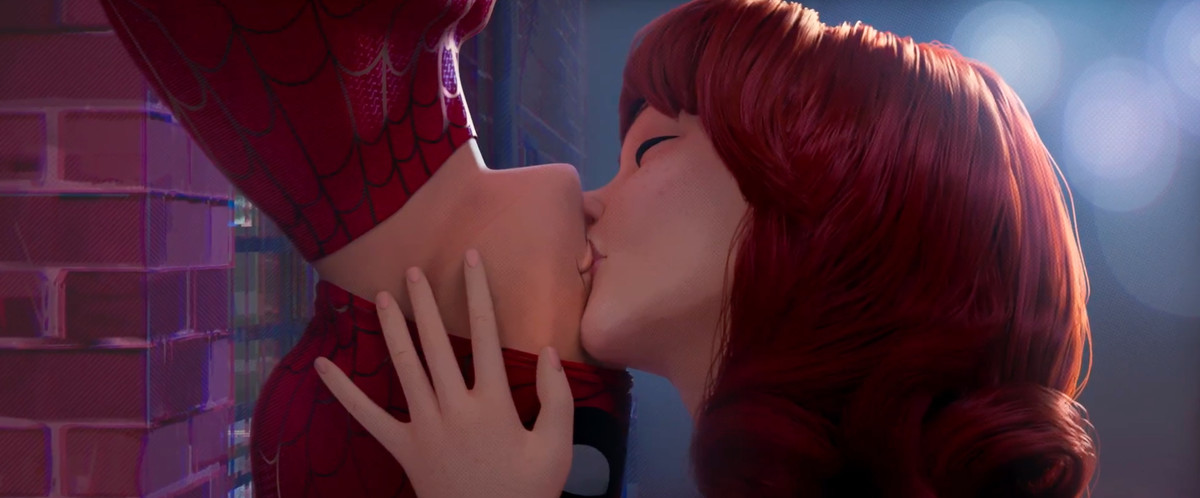 Spider-Man into the Spider-verse upside down rain kiss Spider-Man 2002 reference