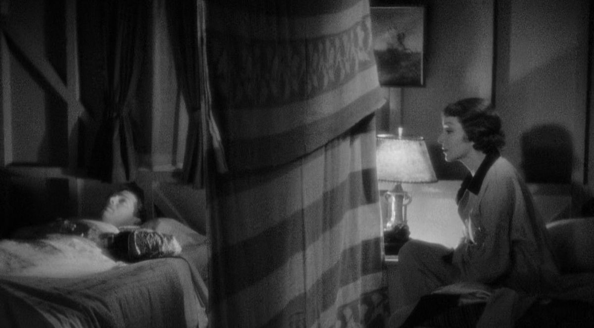 The couple in It Happened One Night at bedtime separated by a curtain