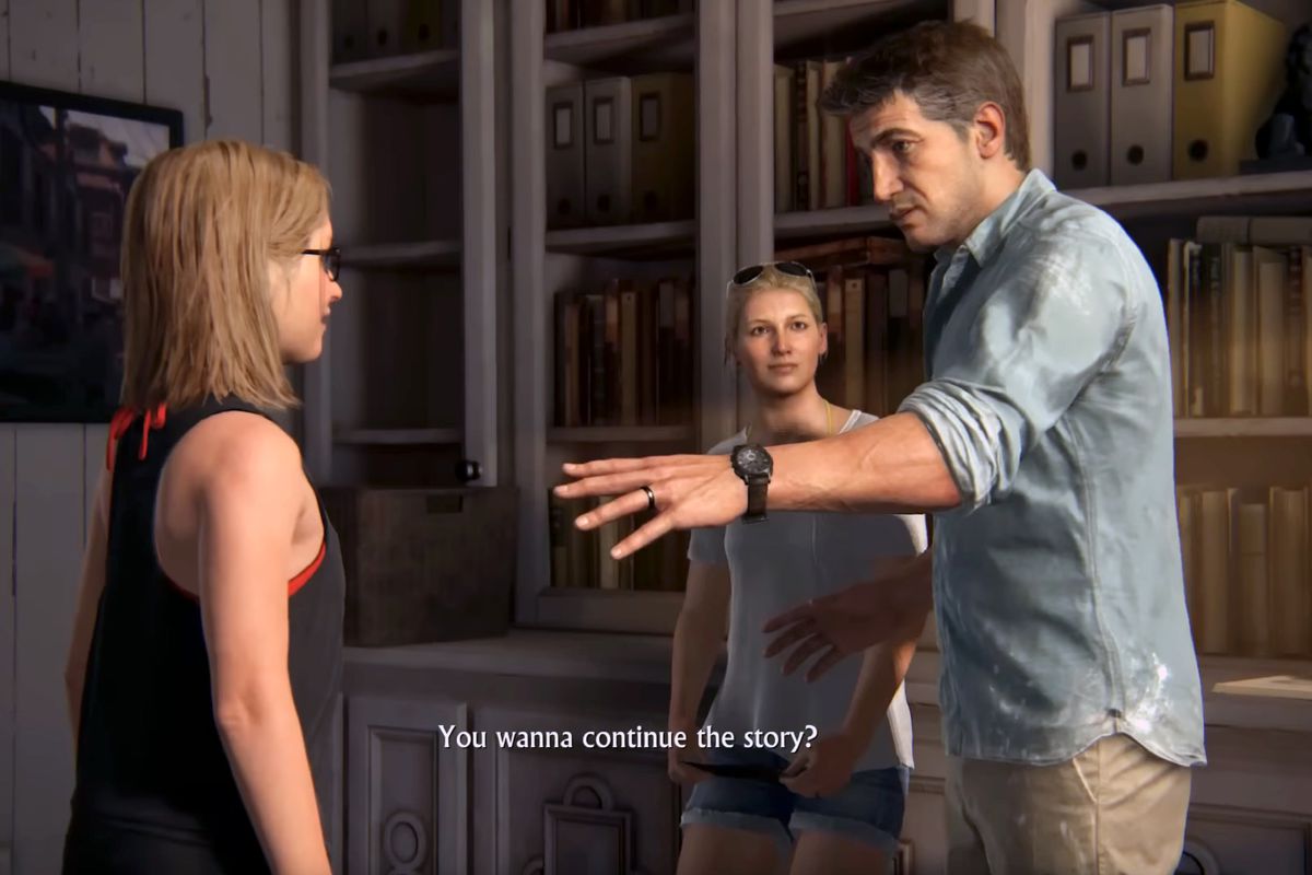 Nathan Drake points toward his daughter, Cassie, asking “You wanna continue the story?” in a screenshot from the epilogue to Uncharted 4: A Thief’s End.
