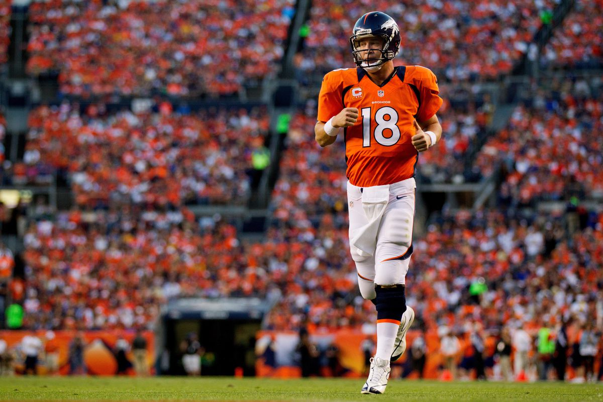 Quarterback Peyton Manning of the Denver Broncos runs onto the field during a game against the Pittsburgh Steelers at Sports Authority Field Field at Mile High on September 9, 2012. (Photo by Justin Edmonds/Getty Images)