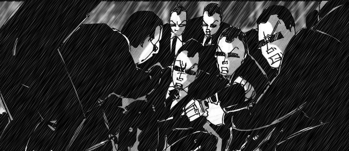 In this storyboard drawing for Path of Neo, a group of Agents huddle together