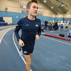 BYU distance runner Conner Mantz warms up at the Smith Fieldhouse in Provo on Friday, Feb. 19, 2021.
