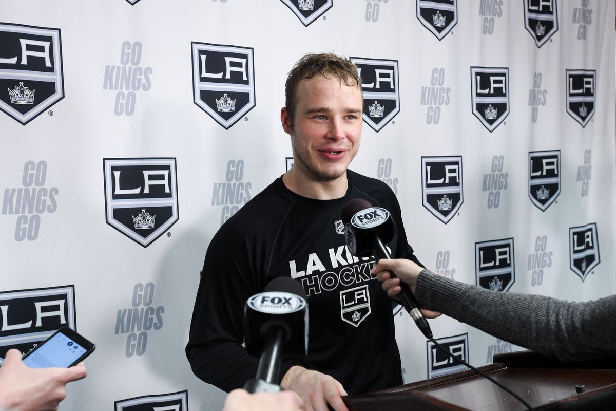 Dustin Brown #23 of the Los Angeles Kings speaks to the media after his 3 goal game victory against the Minnesota Wild at STAPLES Center on March 7, 2020 in Los Angeles, California.