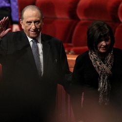 President Thomas S. Monson leaves the morning session of the 183rd Annual General Conference of The Church of Jesus Christ of Latter-day Saints in the Conference Center in Salt Lake City on Sunday, April 7, 2013.