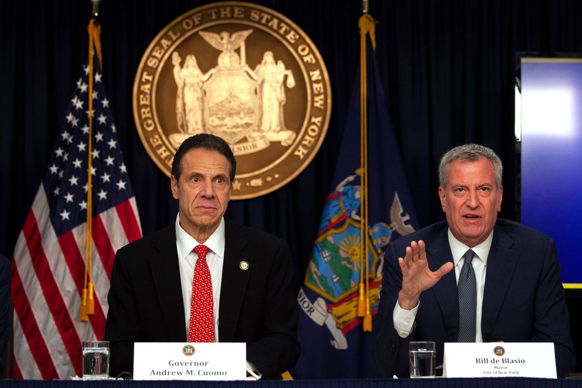 Mayor Bill de Blasio speaks about the Coronavirus at about a Midtown press conference with Governor Andrew Cuomo.