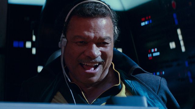 Lando joins in the climactic battle of the latest Star Wars trilogy at the helm of the Millennium Falcon.