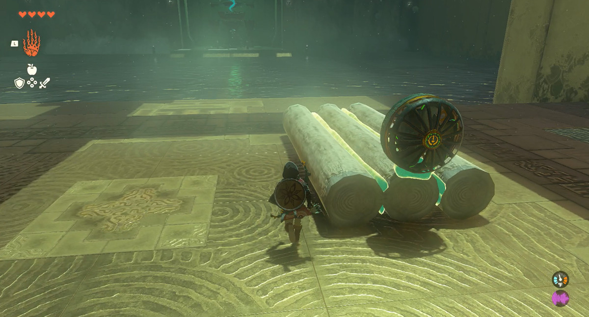 Link’s boat with three fused together logs and a fan in The Legend of Zelda: Tears of the Kingdom