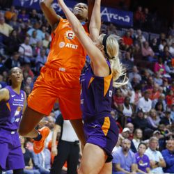 The Phoenix Mercury take on the Connecticut Sun in a WNBA game at Mohegan Sun Arena in Uncasville, CT on July 12, 2019.