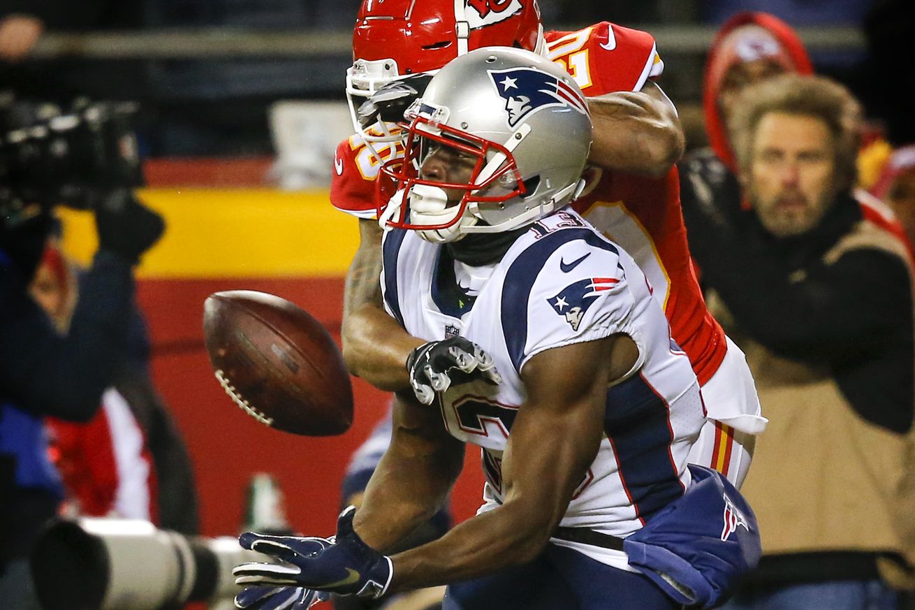 Phillip Dorsett, wearing Chiefs CB Steven Nelson, catches a TD pass in the AFC Championship game